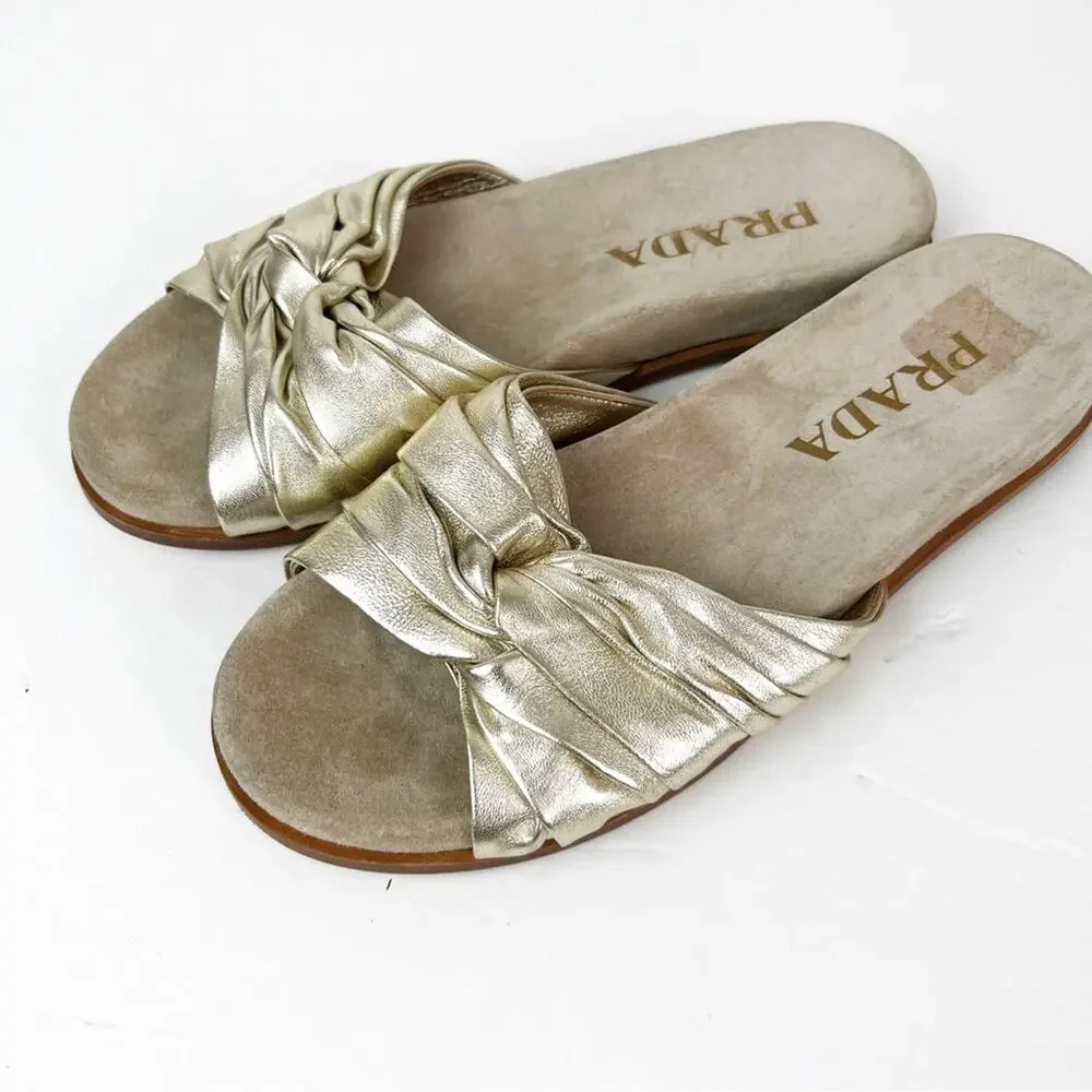 SZ 37.5 Prada Metallic Gold Leather Slide Sandals - Picture 4 of 7